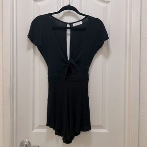 Fighting Eel Ava Sky Black Kiwi Crinkle Tie Romper Linen